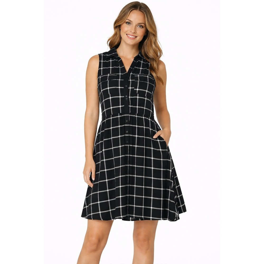 SirenLily Windowpane Plaid‎ Dress Womens L Black White Sleeveless Button Front